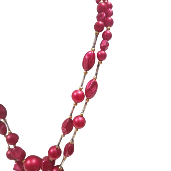Vintage Hong Kong Red Pink Moonglow Beaded Double Strand Necklace 17-21.5" - Picture 3 of 6